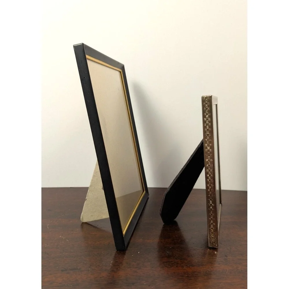 Vintage Picture Frames Black Gold & Brushed Gold Tone Metal 5x7 8x10 Lot of 2